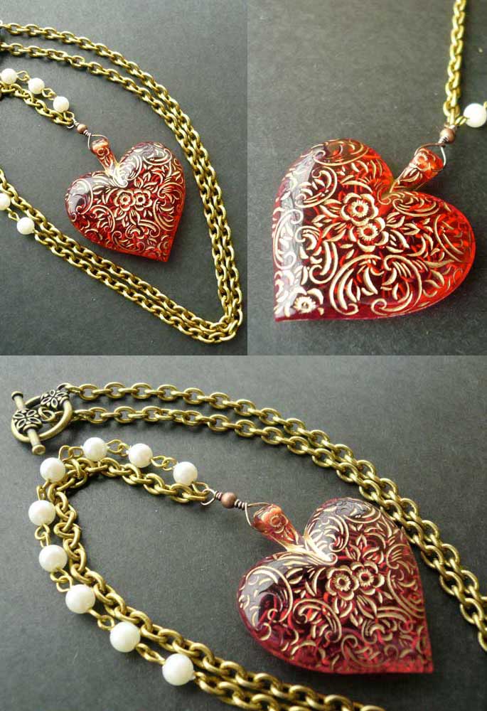 Beuno Style Filigree Heart Charm Necklace in Red necklace jewelry heart 